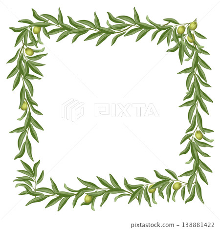 Square frame of olive tree branch vector illustration. Hand drawn wreath with leaves and twig in botanical style. Green floral element for menu template. Perfect for logo design and product packaging. Square frame of olive tree branch vector illustration. Hand drawn wreath with leaves and twig in botanical style. Green floral element for menu template. Perfect for logo design and product packaging. 138881422