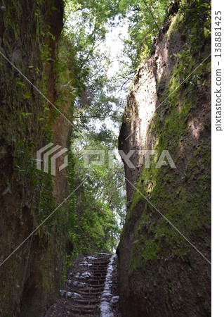 The historical landscape of the mountain castle ruins, featuring the distinctive moat of Kiyoshiki Castle. The historical landscape of the mountain castle ruins, featuring the distinctive moat of Kiyoshiki Castle. 138881425