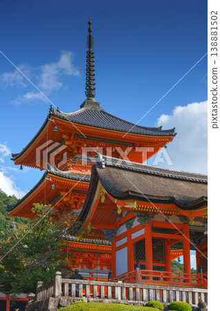 Kyoto, Japan - Oct 11 2025, vertical view of the pagoda at the entrance to Kiyomizu-dera Temple, a monastery of pure water, against a background of blue sky, without people, at daytime, Kyoto, Japan Kyoto, Japan - Oct 11 2025, vertical view of the pagoda at the entrance to Kiyomizu-dera Temple, a monastery of pure water, against a background of blue sky, without people, at daytime, Kyoto, Japan 138881502