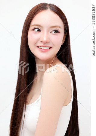 Portrait beautiful young Asian woman with K beauty style makeup and perfect skin on isolated white background. Facial and skin care concept for commercial advertising. 138881637