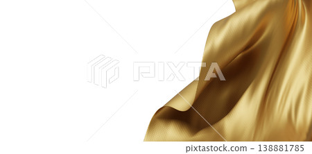 Luxury gold fabric waving on white background with copy space 3D render Luxury gold fabric waving on white background with copy space 3D render 138881785