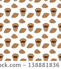 Croissants and Coffee in disposable cup Seamless pattern Coffee Day or Thematic Minimalist Backdrop. Isolated Vector illustration Wrapping Product Backdrop leaflets, banner, price tag, poster, labels 138881836