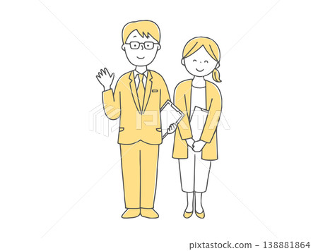 A full-body monochrome image of smiling male and female teachers. A full-body monochrome image of smiling male and female teachers. 138881864