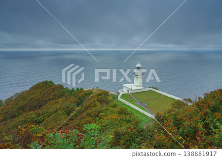 Muroran, Hokkaido, Japan - Oct 4 2024, panoramic aerial view of Cape Chikyu Lighthouse with the Pacific Ocean in the background, without people, Muroran, Japan 138881917