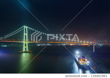 Muroran, Hokkaido, Japan - Oct 04 2024, panoramic view of the cable-stayed Hakucho Bridge, at night, Muroran, Japan 138881961