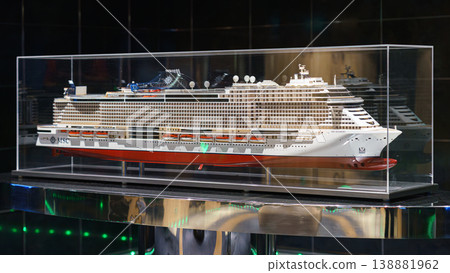 Muroran, Hokkaido, Japan - Oct 4 2024, Close-up view of a cruise ship model under glass, on one of the decks of the MSC Bellissima cruise ship, without people, Muroram, Japan Muroran, Hokkaido, Japan - Oct 4 2024, Close-up view of a cruise ship model under glass, on one of the decks of the MSC Bellissima cruise ship, without people, Muroram, Japan 138881962