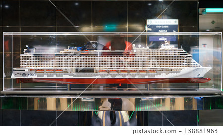 Muroran, Hokkaido, Japan - Oct 4 2024, Close-up view of a cruise ship model under glass, on one of the decks of the MSC Bellissima cruise ship, without people, Muroram, Japan Muroran, Hokkaido, Japan - Oct 4 2024, Close-up view of a cruise ship model under glass, on one of the decks of the MSC Bellissima cruise ship, without people, Muroram, Japan 138881963