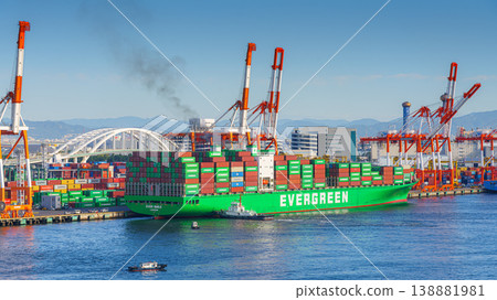 Osaka, Japan - Oct 11 2024, panoramic view of Osaka Commercial port with moored Evergreen cargo ship, at daytime, Osaka, Japan Osaka, Japan - Oct 11 2024, panoramic view of Osaka Commercial port with moored Evergreen cargo ship, at daytime, Osaka, Japan 138881981
