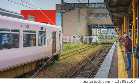 Muroran, Hokkaido, Japan - Oct 04 2024, panoramic view of the locomotive of an electric train outside platform at Muroran station, with a cloudy sky on background, Muroran, Japan Muroran, Hokkaido, Japan - Oct 04 2024, panoramic view of the locomotive of an electric train outside platform at Muroran station, with a cloudy sky on background, Muroran, Japan 138882107