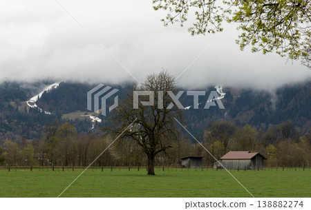 Misty Bavarian countryside with lone tree, barn and low clouds over mountain meadow Misty Bavarian countryside with lone tree, barn and low clouds over mountain meadow 138882274