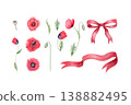 Red poppy watercolor flower set with ribbon, blooms, buds, leaves and seed pod. Botanical floral elements isolated on white for remembrance day, design, print, packaging, cards, invitations, decor 138882495