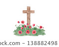 Watercolor red poppy meadow with wooden cross, memorial floral illustration isolated on white perfect for remembrance, tribute, funeral, sympathy, faith, print, branding and design uses concept art 138882498