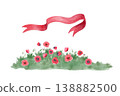 Watercolor red poppy meadow with ribbon and grass, floral greeting card template with copy space isolated on white for invitations, greeting cards, remembrance, print, branding and design uses 138882500