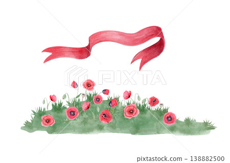 Watercolor red poppy meadow with ribbon and grass, floral greeting card template with copy space isolated on white for invitations, greeting cards, remembrance, print, branding and design uses 138882500