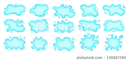 Liquid shapes frames uneven wavy edges set fluid puddles splashes drops blue stains text background 138882580