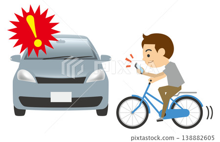 描繪自行車與汽車相撞事故的插圖。 描繪自行車與汽車相撞事故的插圖。 138882605