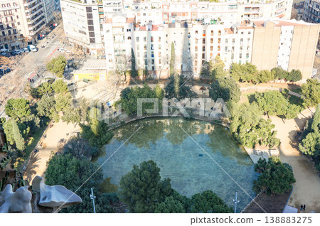 Views of the city and the park and pond below from the Sagrada Familia Views of the city and the park and pond below from the Sagrada Familia 138883275