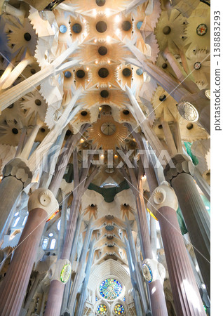 The interior space of the Sagrada Familia unfolds with its majestic and intricate design, and sunlight streams in through the ceiling and columns. The interior space of the Sagrada Familia unfolds with its majestic and intricate design, and sunlight streams in through the ceiling and columns. 138883293