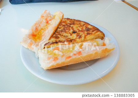 A dish of authentic, moist Spanish omelet from a long-established food store in Barcelona. A dish of authentic, moist Spanish omelet from a long-established food store in Barcelona. 138883305