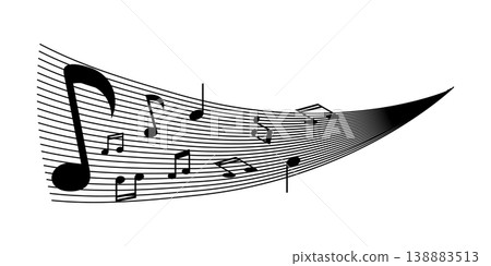 Curved Musical Staff With Flowing Black Notes Representing Melody, Rhythm and Sound Movement Curved Musical Staff With Flowing Black Notes Representing Melody, Rhythm and Sound Movement 138883513