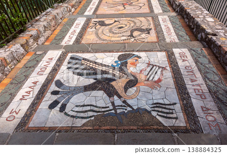 Decorative mosaic staircase with mythological figure in Nice, France Decorative mosaic staircase with mythological figure in Nice, France 138884325