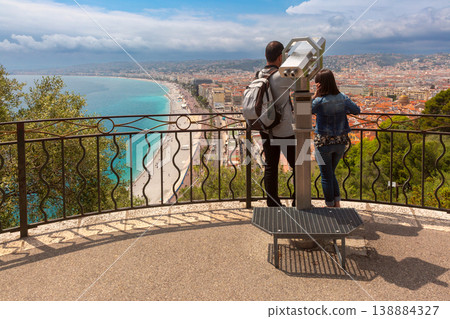 Panoramic view of Promenade des Anglais and beach in Nice, France 138884327