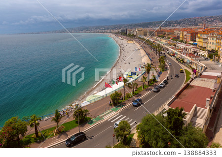 Panoramic view of Promenade des Anglais and beach in Nice, France Panoramic view of Promenade des Anglais and beach in Nice, France 138884333