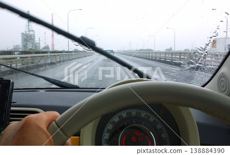 Driving through a rainy city (with windshield wipers on) Driving through a rainy city (with windshield wipers on) 138884390