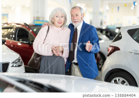 Elderly couple choosing car at auto dealership 138884404