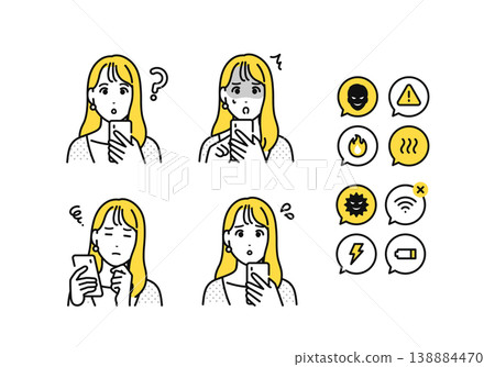 一組負面通知圖標，適用於一位20多歲的女性正在查看她的智慧型手機。 138884470