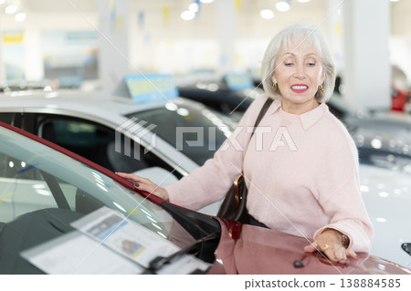 Elderly woman carefully examines the car before buying 138884585