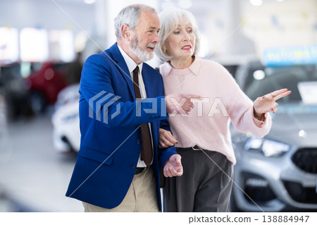 Elderly couple is standing in a car dealership 138884947