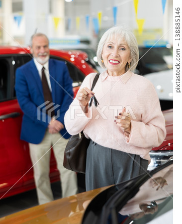 Elderly couple chooses new car together at car dealership 138885146