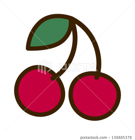 一幅可愛又充滿流行風格的插畫，描繪了一顆紅櫻桃和綠葉。 138885378