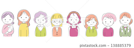 一組描繪不同年齡層微笑女性的插圖。 138885379