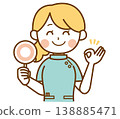 An illustration of a female pharmacist smiling and holding a circular sign. 138885471