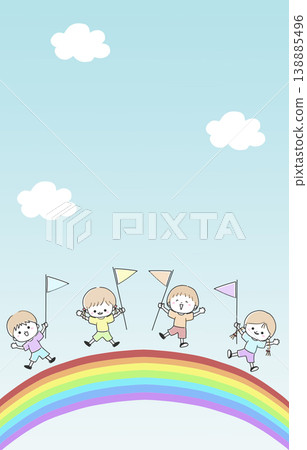 孩子們揮舞著彩虹旗跳躍 138885496