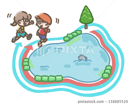 Illustration of people running around a pond Illustration of people running around a pond 138885520