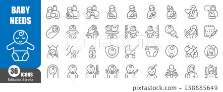 Set of baby needs and postnatal care line icons. Includes newborn care, breastfeeding, family bonding, pediatric checkups, and infant essentials. Editable stroke. Vector illustration. Set of baby needs and postnatal care line icons. Includes newborn care, breastfeeding, family bonding, pediatric checkups, and infant essentials. Editable stroke. Vector illustration. 138885649
