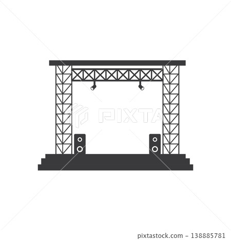 Stage with speakers, lights, and metal framework Stage with speakers, lights, and metal framework 138885781