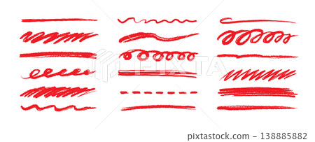 Line pencil red brush set. Line red underline brush pencil pen hand drawn stroke marker highlight.. Doodle scribble ink sketch strike through note sign texture grunge. Vector Line pencil red brush set. Line red underline brush pencil pen hand drawn stroke marker highlight.. Doodle scribble ink sketch strike through note sign texture grunge. Vector 138885882
