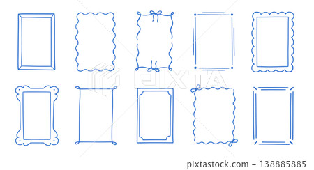 Frame border hand drawn line set. Frame border line hand drawn doodle rectangle vintage wavy bow picture. Cute whimsical decoration scallop squiggly curly wedding invitation. Vector Frame border hand drawn line set. Frame border line hand drawn doodle rectangle vintage wavy bow picture. Cute whimsical decoration scallop squiggly curly wedding invitation. Vector 138885885