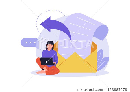 Illustration of Woman Replying to Email Message on Laptop 138885978