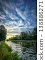 Enjoying a Tranquil Evening by the Peaceful River with Beautiful Scenic Clouds and Their Reflections 138886271