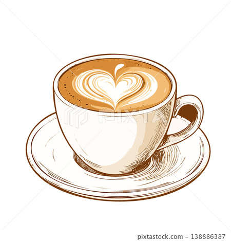 一幅素描風格的咖啡拿鐵插圖，上面有心形拉花。 138886387