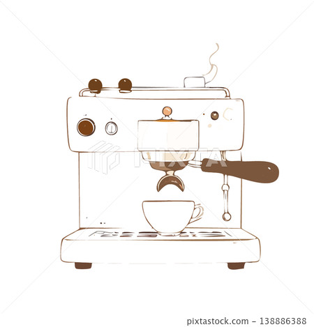 一幅簡單的線條畫，描繪了一台冒著熱氣的義式咖啡機。 138886388