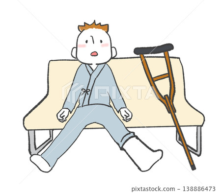 An illustration of a man hospitalized with a fracture relaxing on a bench. 138886473