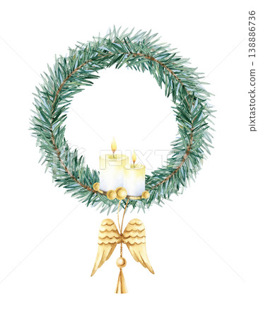 Festive Christmas wreath fir branches with burning candles, hanging golden angel wings decoration. Watercolor spruce branch round frame. Hand painted isolated illustration. Holiday template, design Festive Christmas wreath fir branches with burning candles, hanging golden angel wings decoration. Watercolor spruce branch round frame. Hand painted isolated illustration. Holiday template, design 138886736
