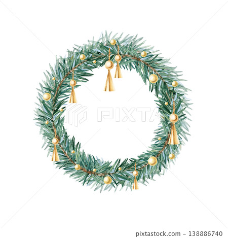 Christmas round wreath spruce branches with golden beads, festive decoration. Watercolor fir branches circle frame, template. Hand painted isolated illustration. Winter design, holiday greeting card Christmas round wreath spruce branches with golden beads, festive decoration. Watercolor fir branches circle frame, template. Hand painted isolated illustration. Winter design, holiday greeting card 138886740