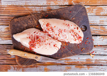 chicken breast with spice on wooden board chicken breast with spice on wooden board 138886849